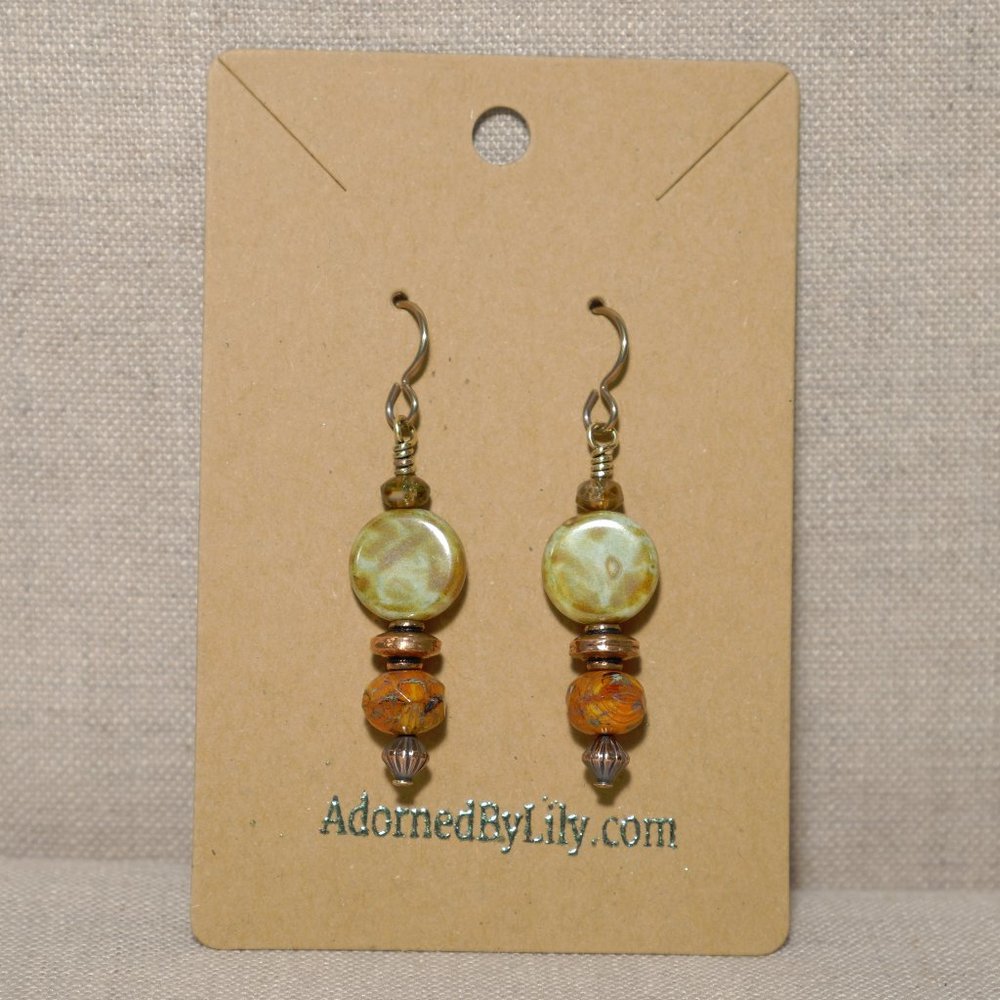 Hand Crafted Handmade Earrings Green & Orange Czech Glass Long Earrings - Picture 2 of 4